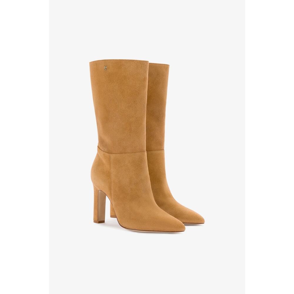 Larroude Cindy Boots Brown Cowhide Suede Pointed Toe Mid Calf High Heel Size 8